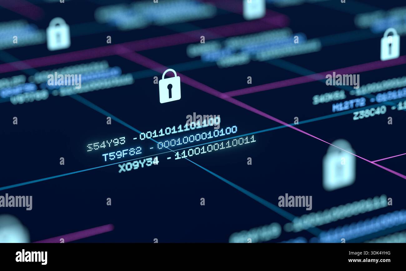 Close up data processing, secure encrypted information, data protection. Close up data processing, secure encrypted information, data protection. Locked binary code data blocks, big data, safety, technology, security software, firewall. img_technology099s05_abstract_digital_board_data_protection Stock Photo