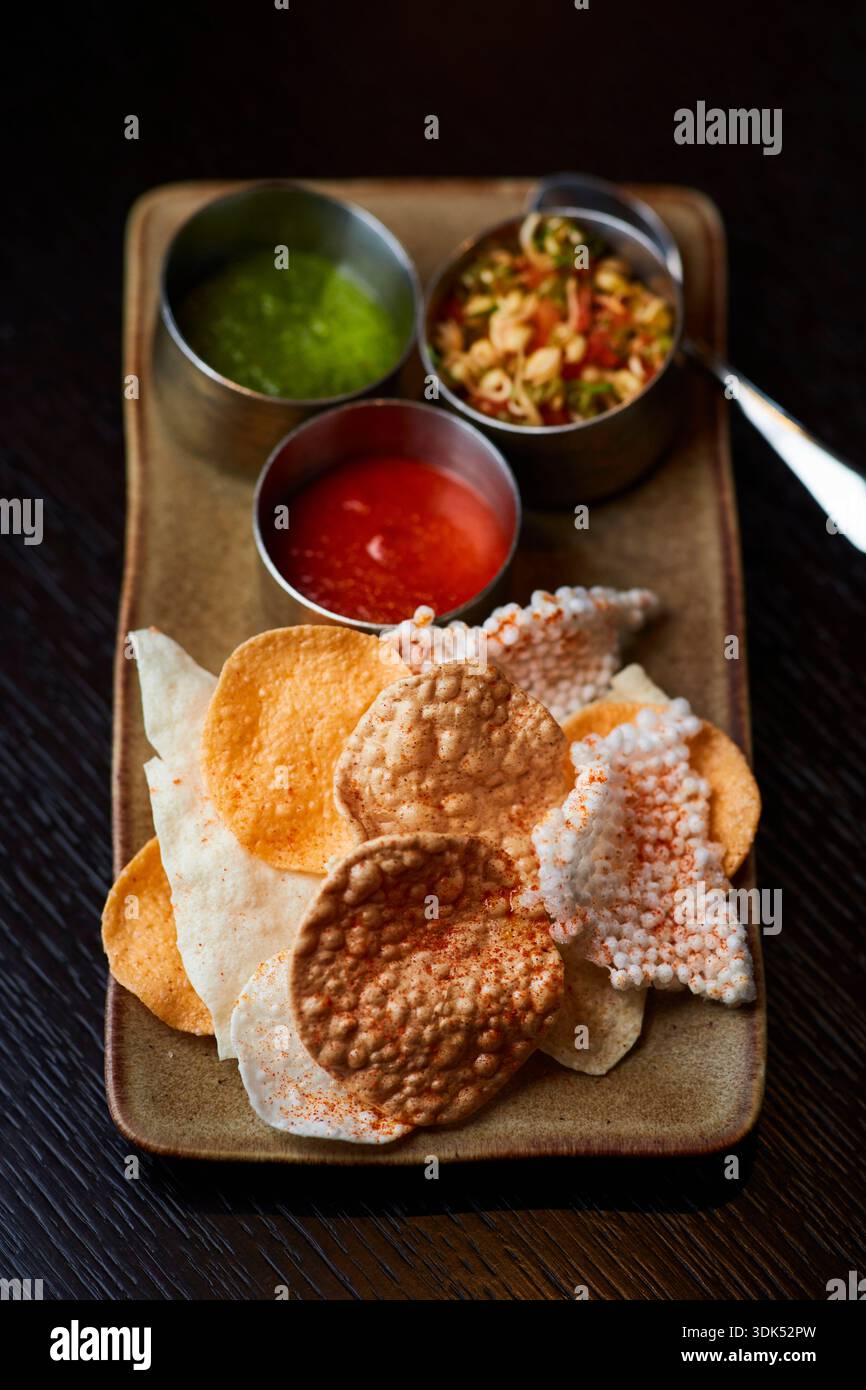 Indian snacks with dips Stock Photo