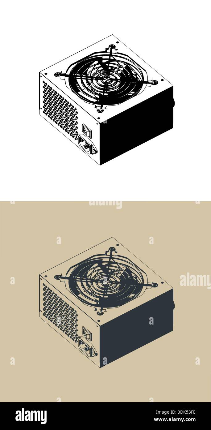 Computer power supply stylized isometric vector illustrations Stock Vector