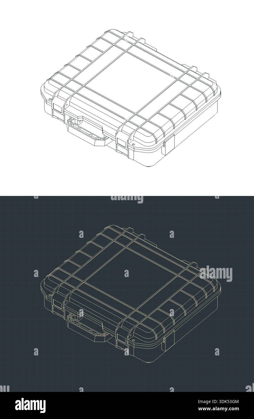 Durable plastic case for tools or other equipment isometric drawings stylized vector illustrations Stock Vector