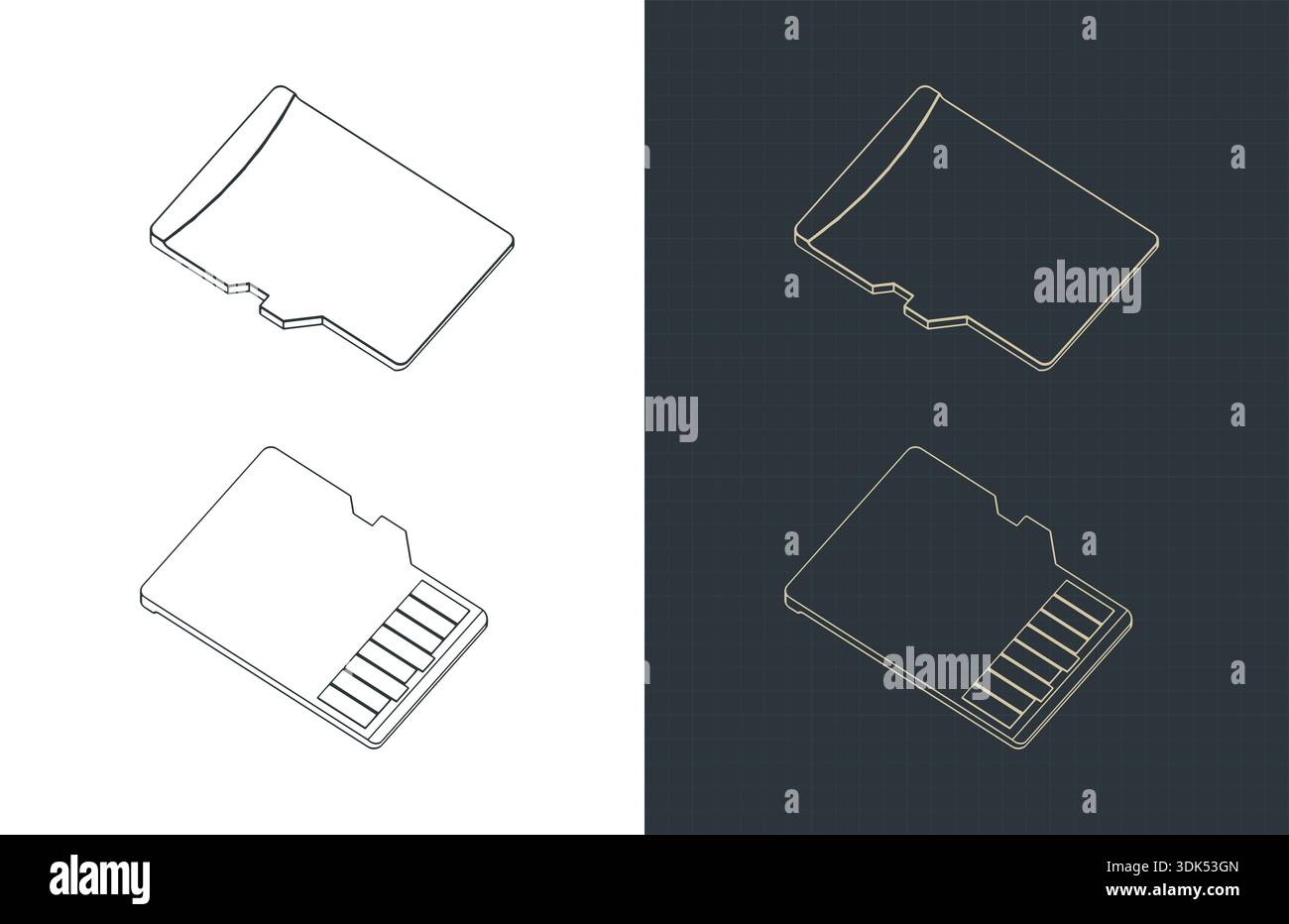 Micro SD card isometric drawings stylized vector illustrations Stock Vector