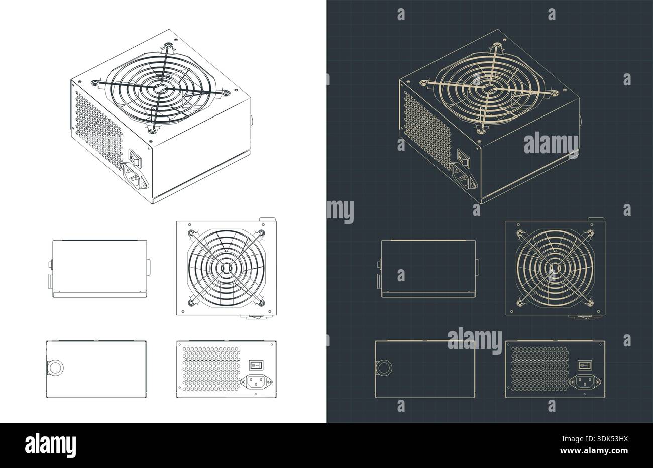 Computer power supply drawings stylized vector illustrations Stock Vector