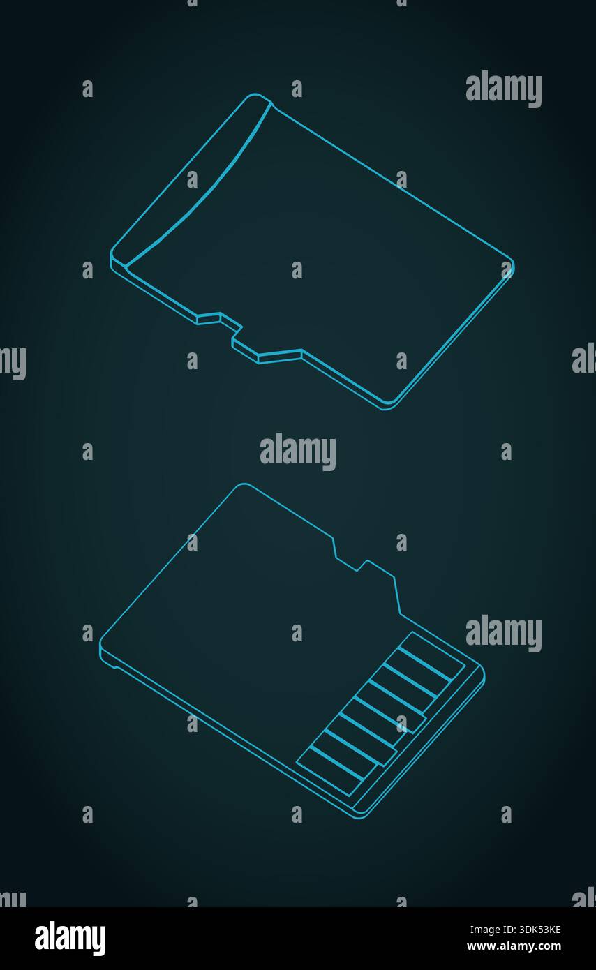 Micro SD card isometric blueprints stylized vector illustration Stock Vector