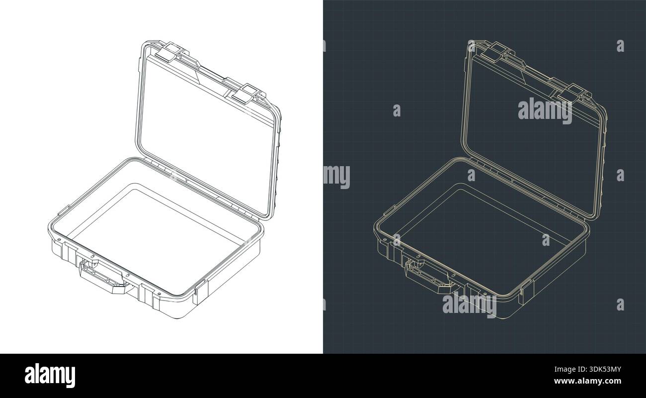 Durable plastic case for tools or other equipment isometric drawings stylized vector illustrations Stock Vector