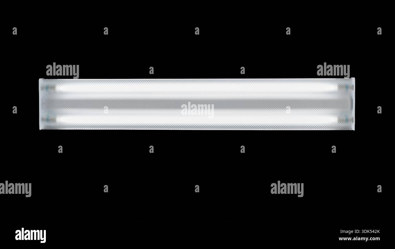 Rectangular fluorescent light fixture mounted on ceiling directly overhead Stock Photo