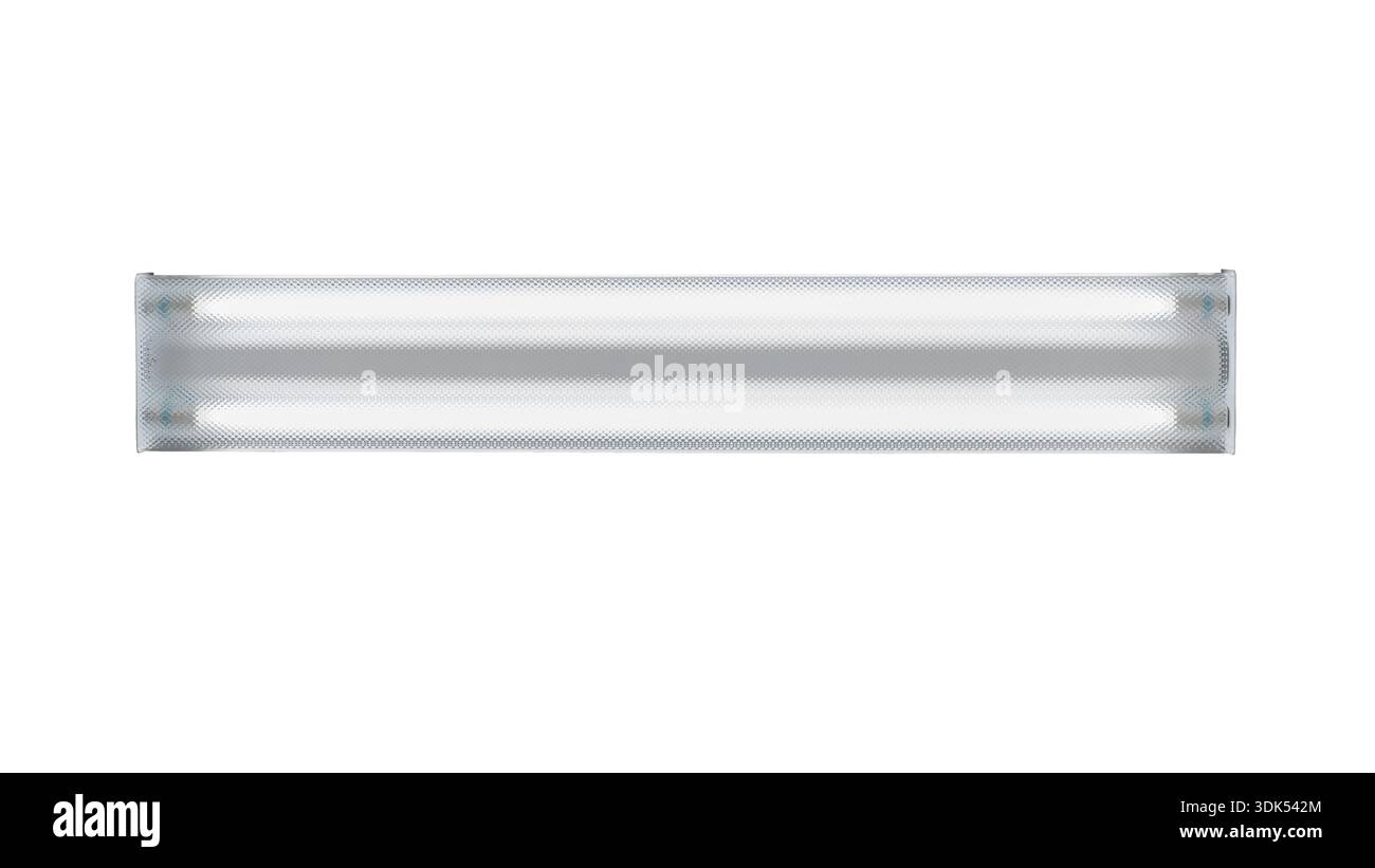 Rectangular fluorescent light fixture mounted on ceiling directly overhead Stock Photo