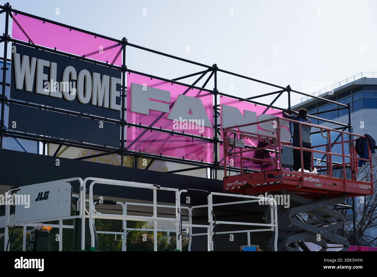 NFL signage is installed near Levi’s Stadium ahead of Super Bowl LX on ...