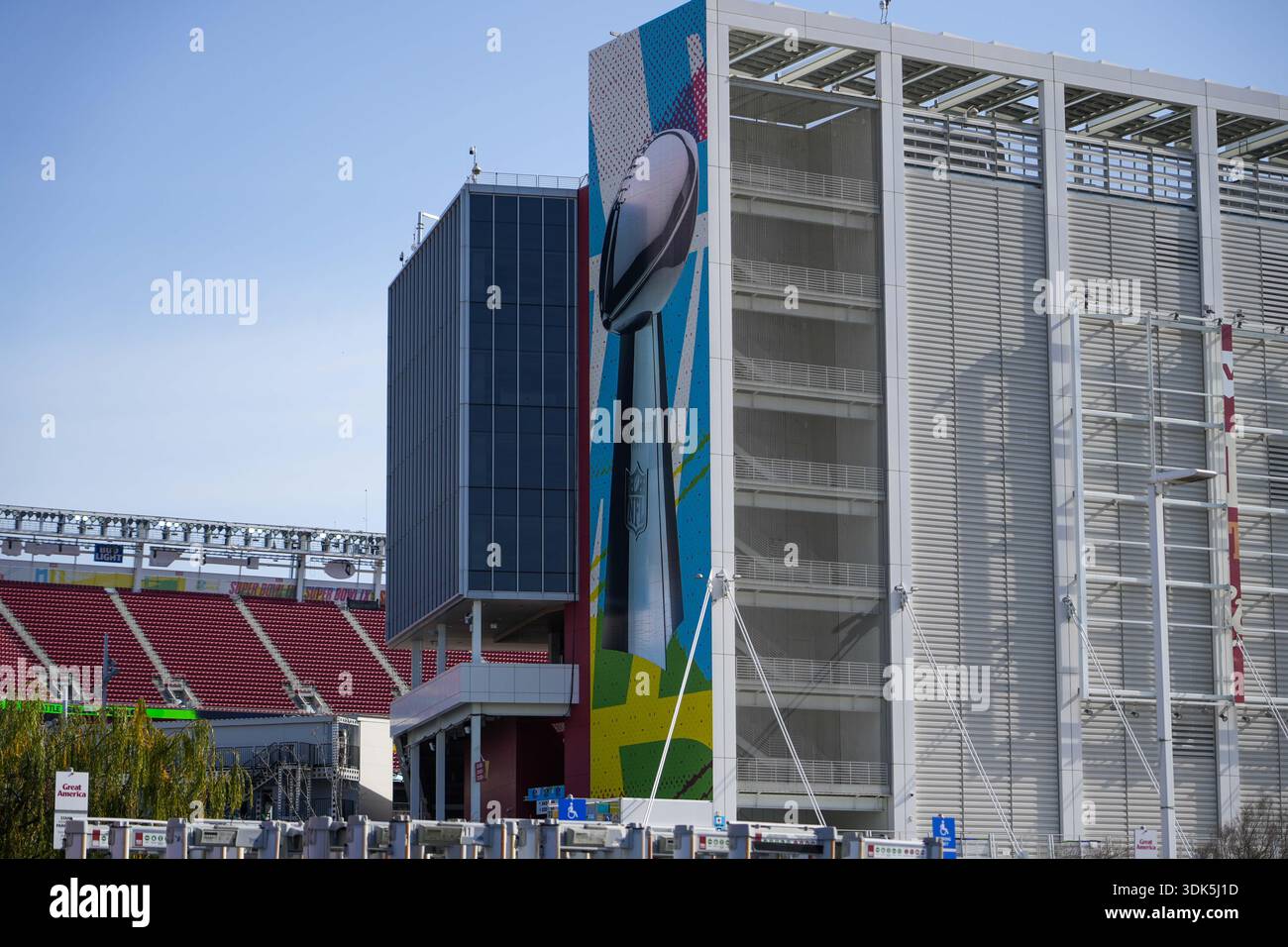 General overall view of Super Bowl LX signage at Levi’s Stadium ahead ...