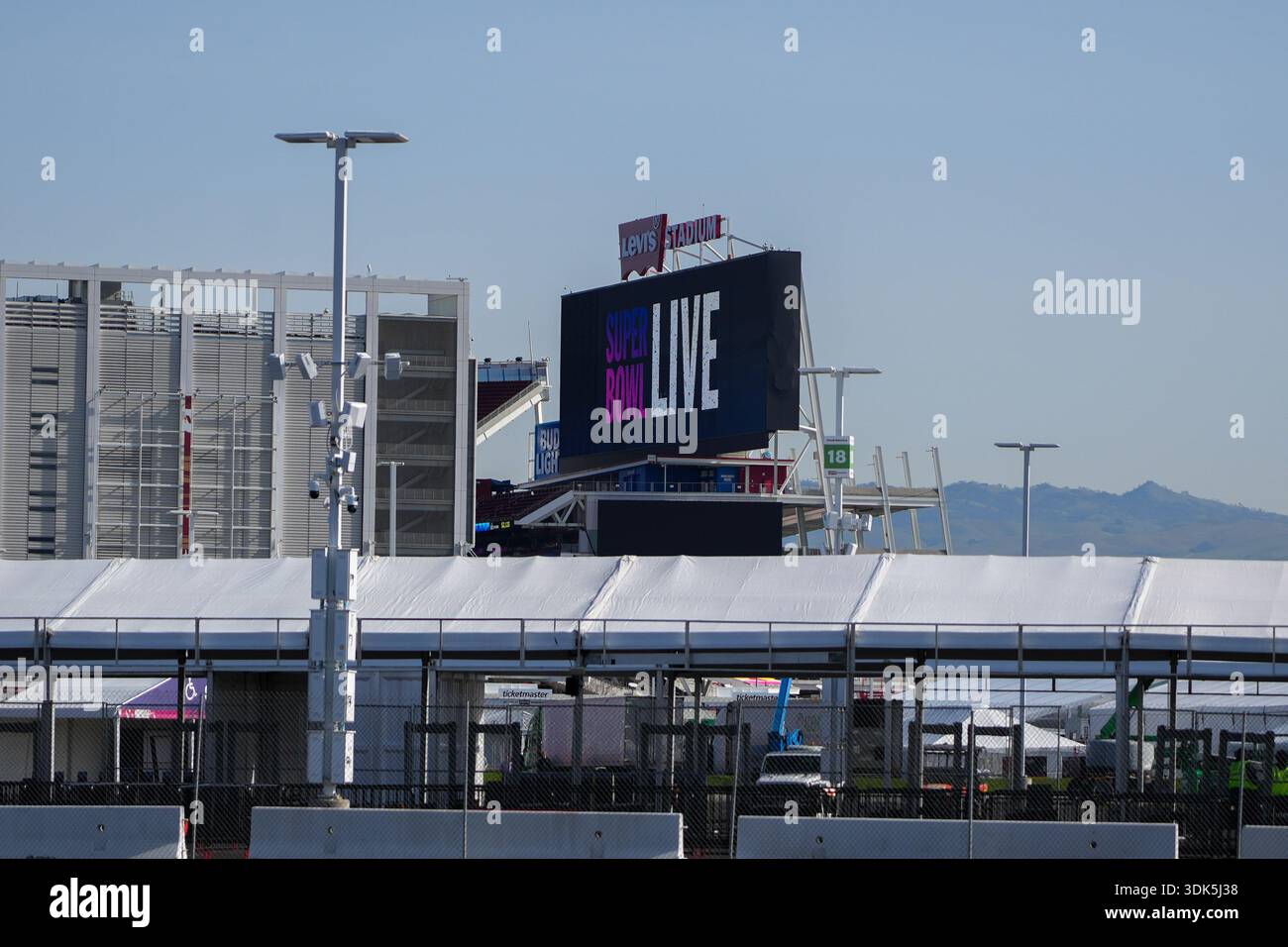 Image of the Super Bowl logo are displayed on the score board at Levi’s ...