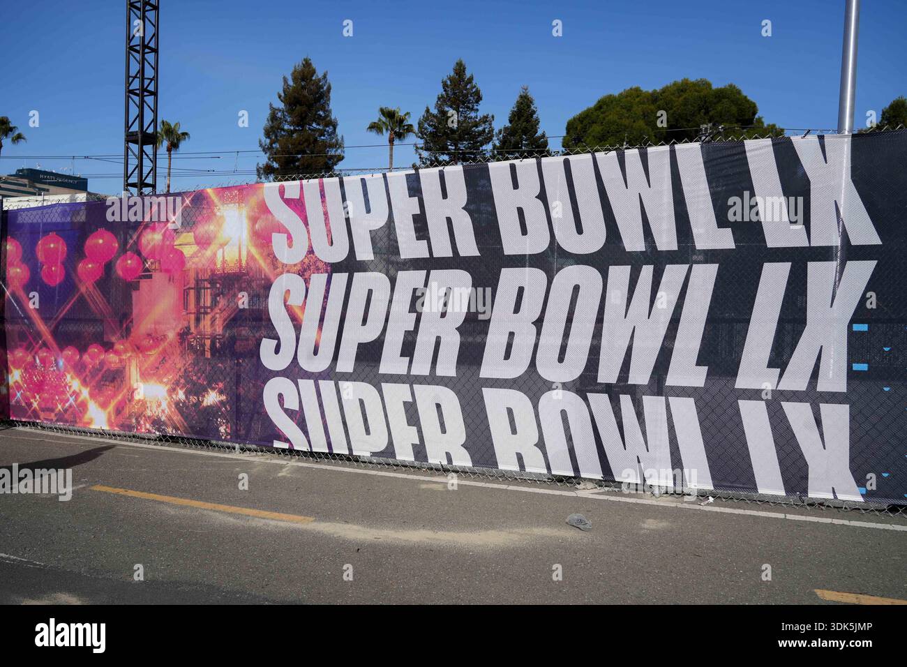 NFL signage is installed near Levi’s Stadium ahead of Super Bowl LX on ...