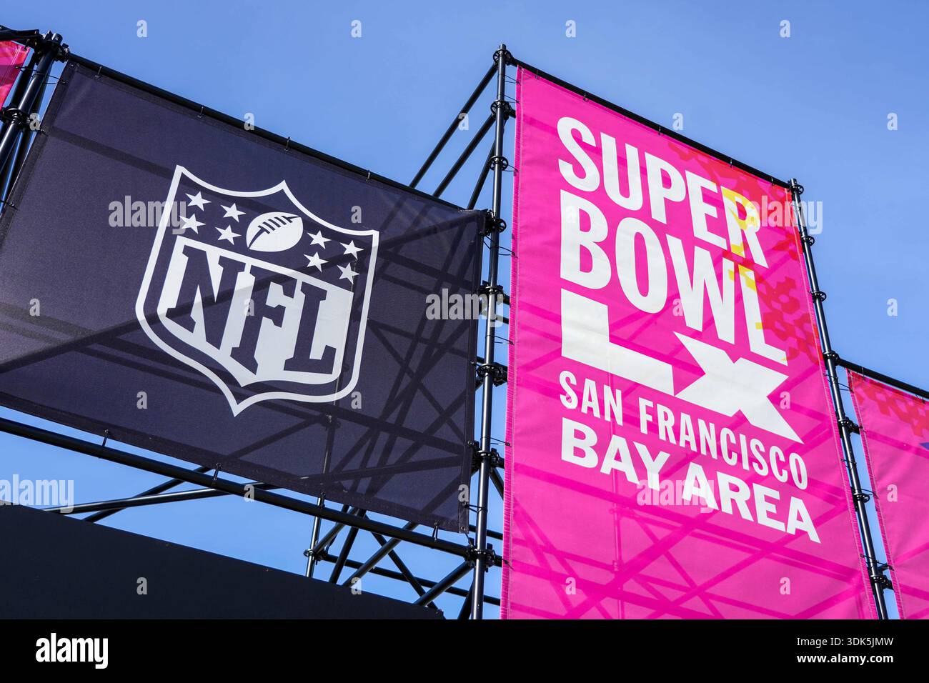 NFL signage is installed near Levi’s Stadium ahead of Super Bowl LX on ...