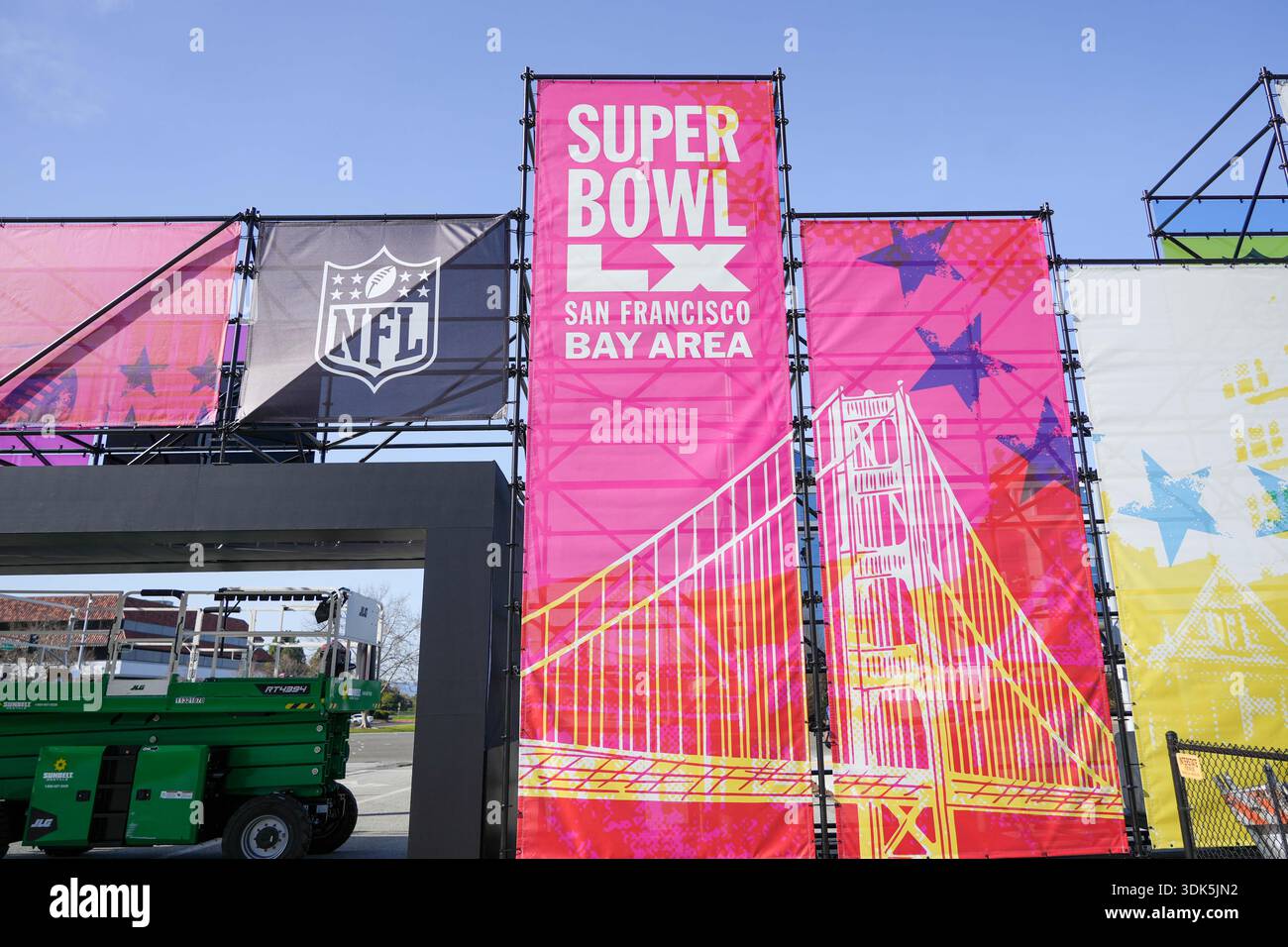 NFL signage is installed near Levi’s Stadium ahead of Super Bowl LX on ...