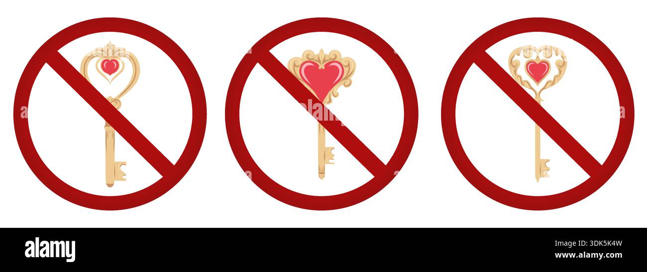 No entry icons with heart-shaped keys crossed out by red prohibition ...