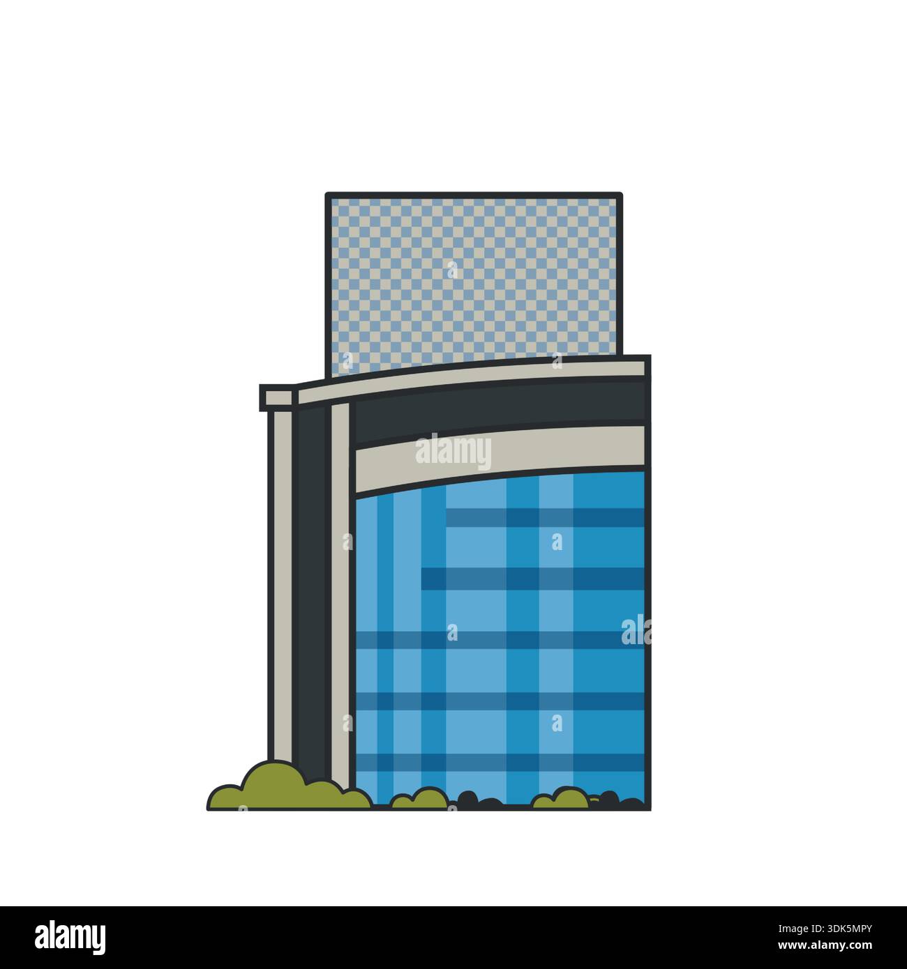 Modern office building with a curved glass facade and decorative panels ...