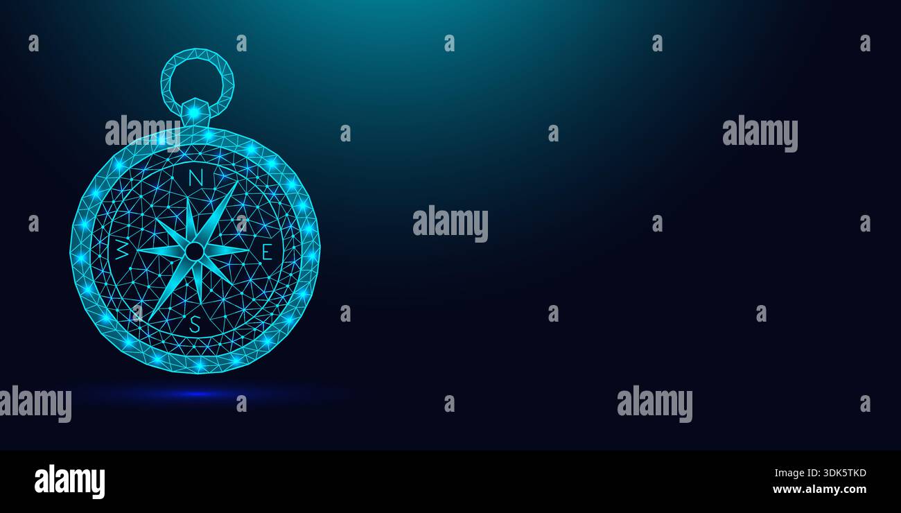 Low poly wireframe magnetic compass on dark blue background. Stock Vector