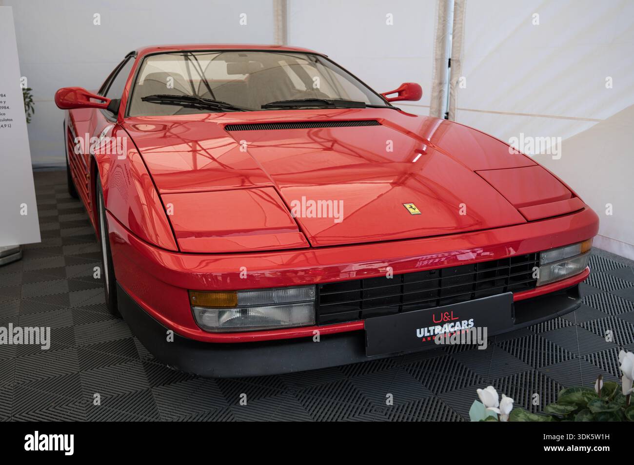 Front view of the iconic classic red Ferrari Testarossa sports car, a ...