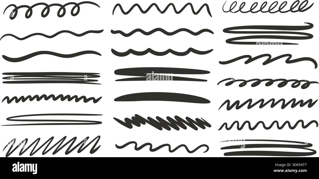 Bold doodle freehand line set. Underline, wave, curve, zigzag ink marks. Elements for journaling, notes, post design and design, vector graphics Stock Vector