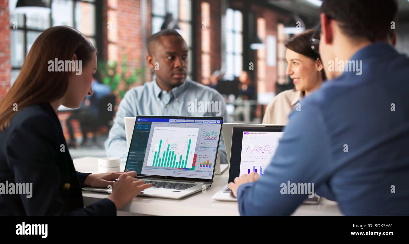 Virtual Business Team Meeting Utilizing Personalized Data Analytics Dashboard Tool. Stock Photo