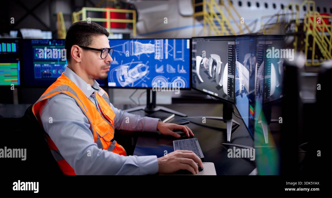 Aerospace Maintenance Technician Developing 3D Aircraft Parts On Computer Screen Stock Photo