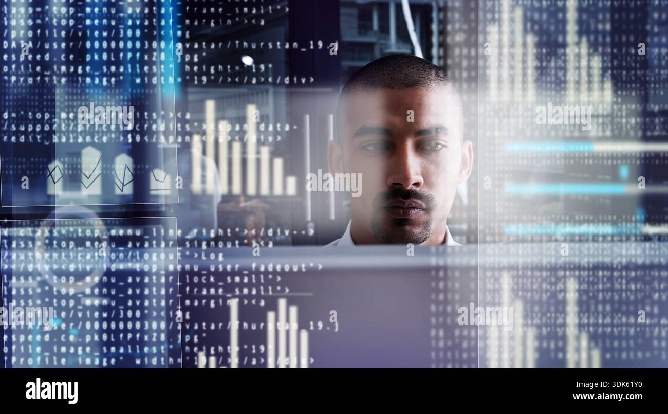 Programmer, overlay and man with internet, thinking and connection for ...