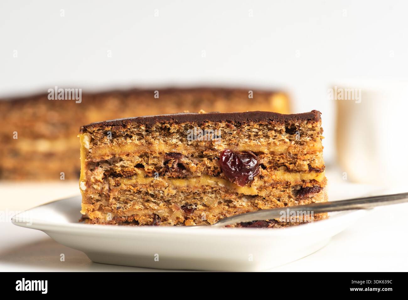 Piece of cake with soft crust, walnut filling and dried cranberry. Delicious treat covered with melted chocolate on a white background Stock Photo