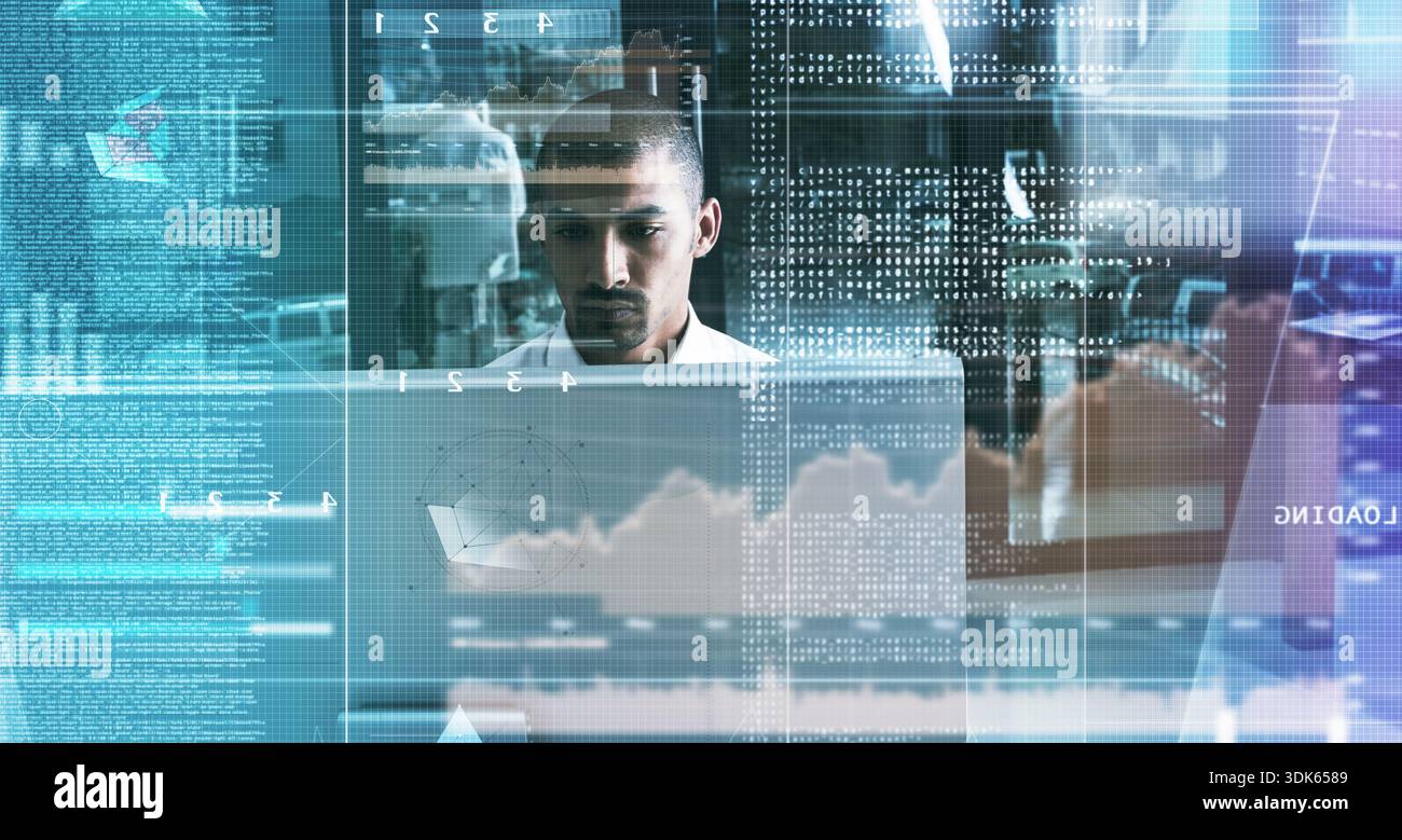 Hologram, man and coding on computer in office with data analysis, system update and debugging. Night, programmer or UI dashboard with overlay for Stock Photo
