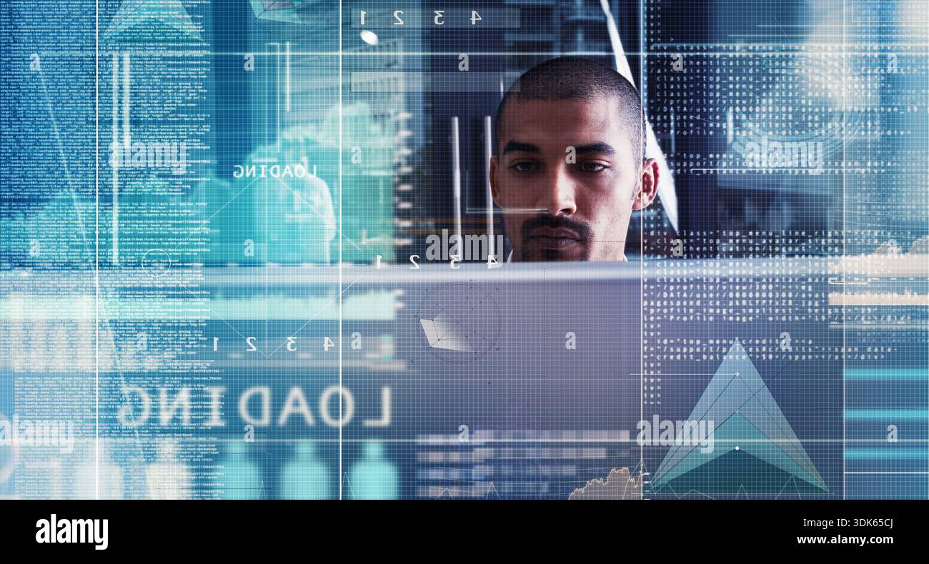 Programming, hologram and man on tech in office with loading code, system update and debugging. Programmer, person and computer with overlay for Stock Photo