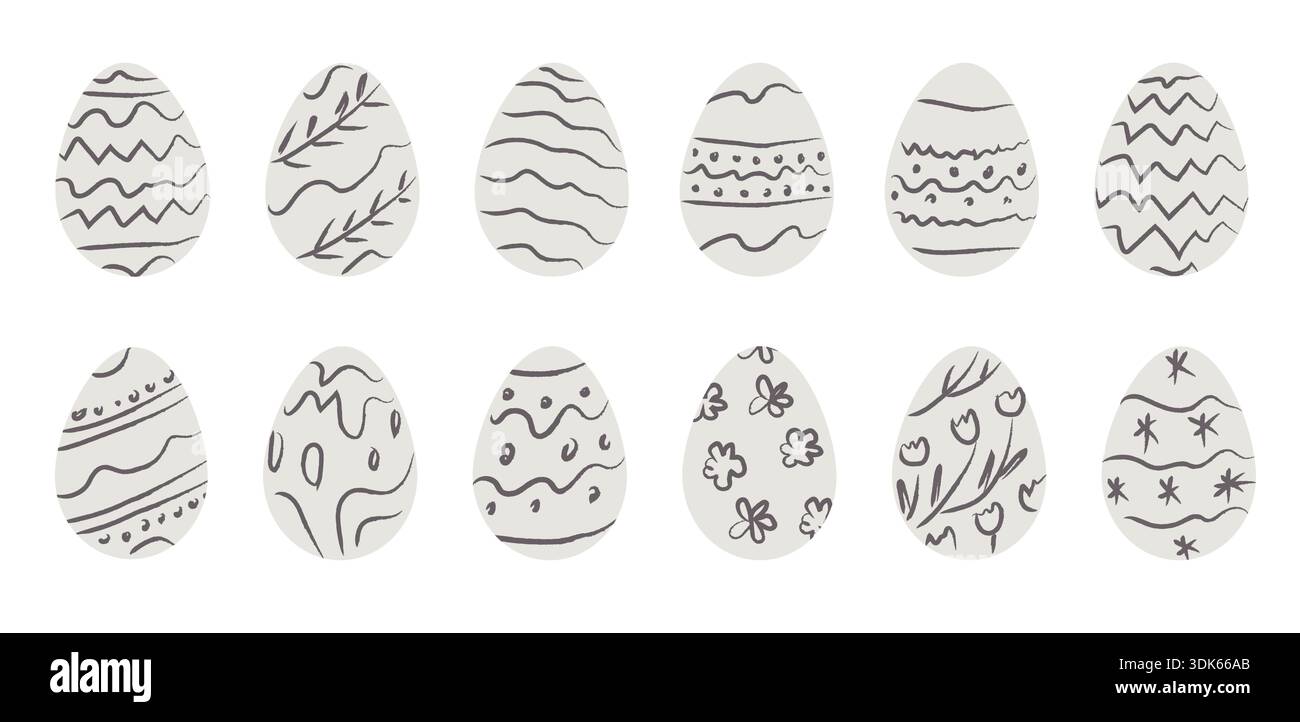 Hand drawn Easter egg collection with simple decorative patterns ...
