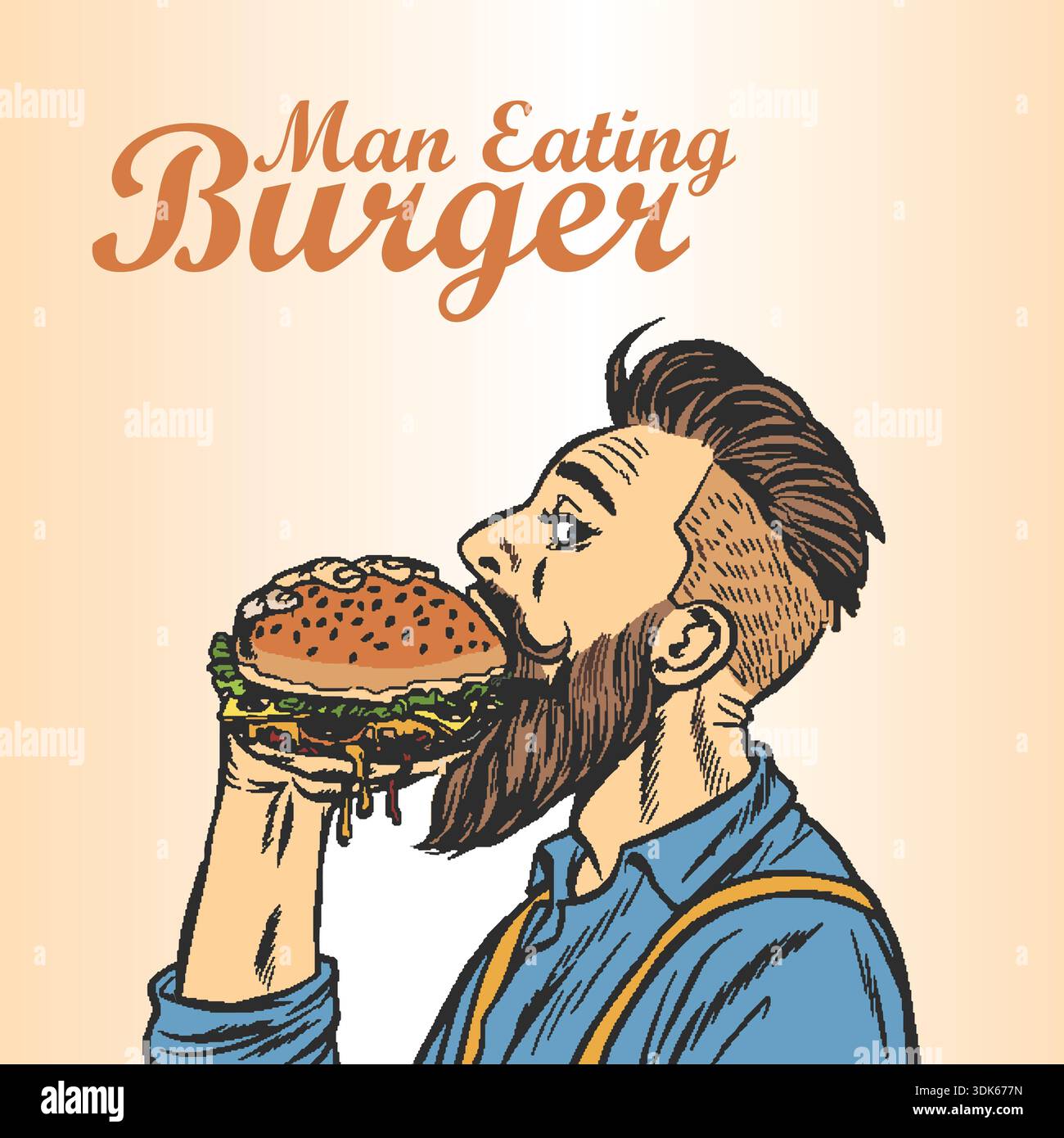 A bearded hipster man enthusiastically eating a large burger vector illustration. Stock Vector
