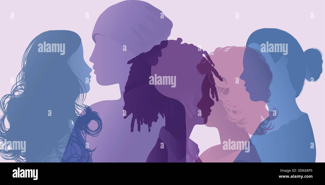 Communication group of multicultural women silhouettes in profile diversity inclusion and social unity Stock Vector