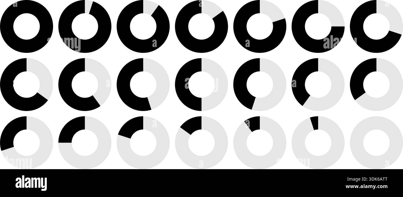 Minimalist vector donut charts with no numbers from 0% to 100% in 5 % ...