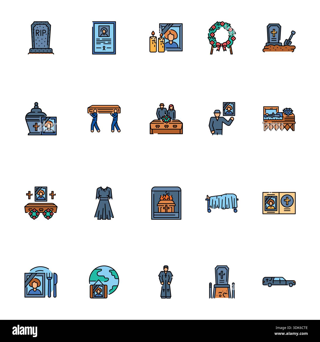 Funeral service black line icons set. Vector isolated element. Editable stroke. Stock Vector