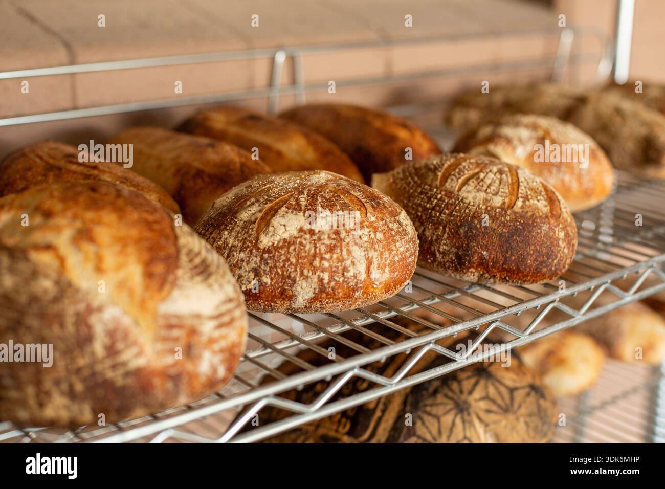 Freshly baked bread sitting on a cooling rack Stock Photo