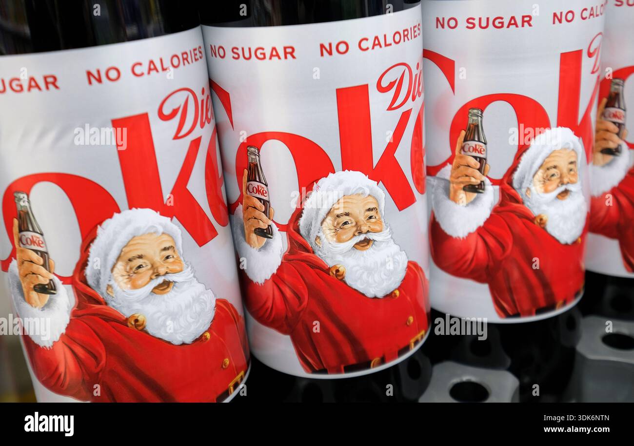 santa claus on diet coke bottles in supermarket, norfolk, england Stock Photo