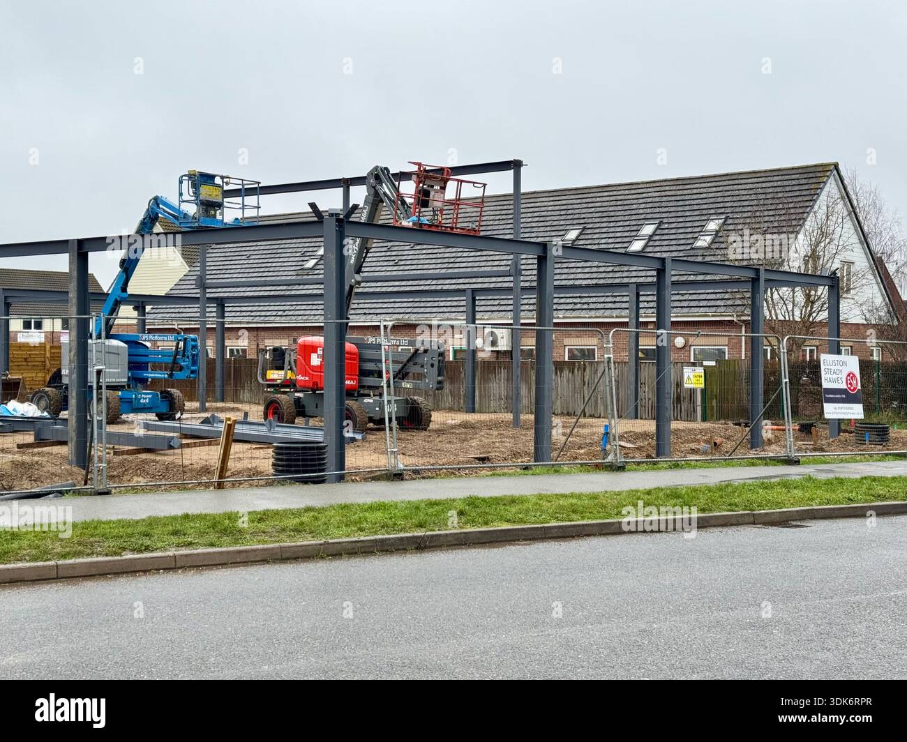 Kesgrave, Suffolk, 30 January 2026: Construction site for Elliston Steady Hawes building an East of England Co op supermarket. - Smartphone Captured Stock Image