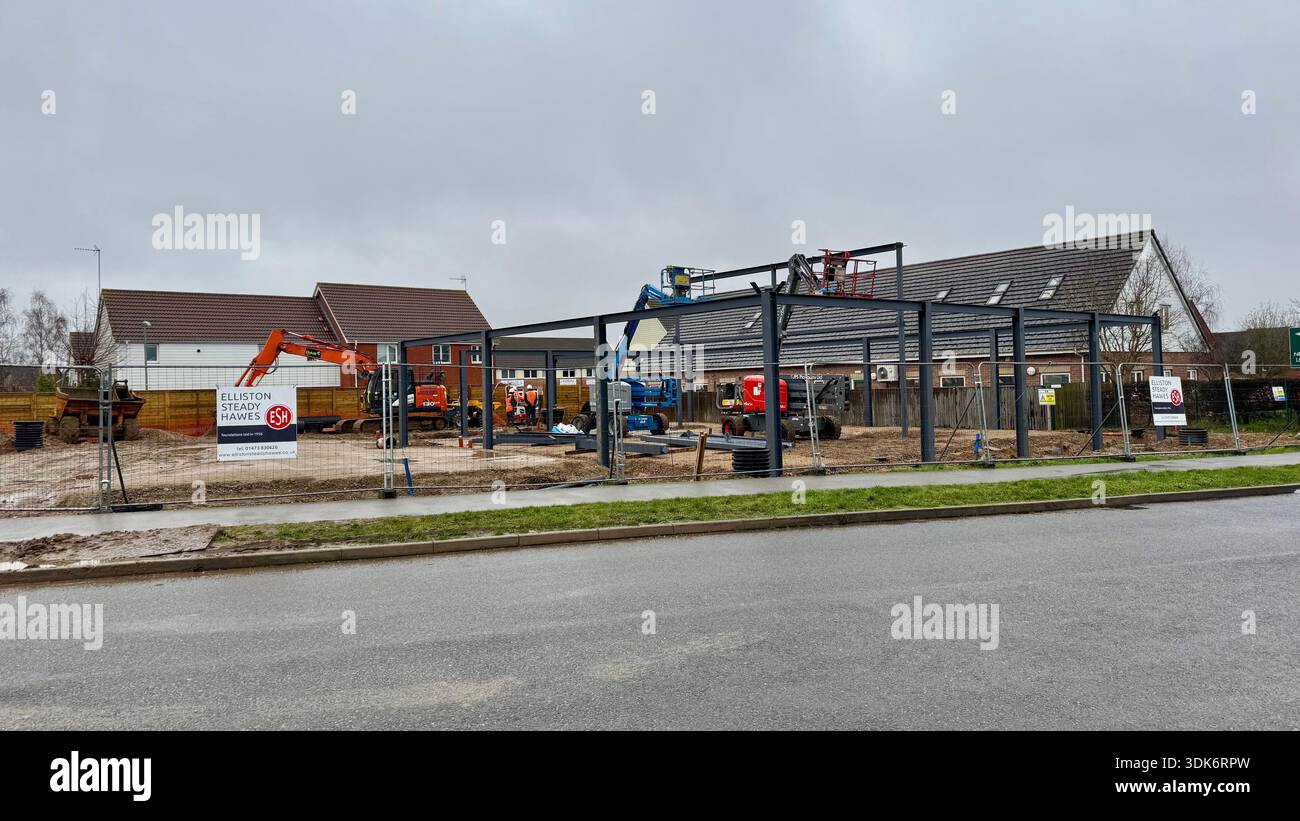 Kesgrave, Suffolk, 30 January 2026: Construction site for Elliston Steady Hawes building an East of England Co op supermarket. - Smartphone Captured Stock Image