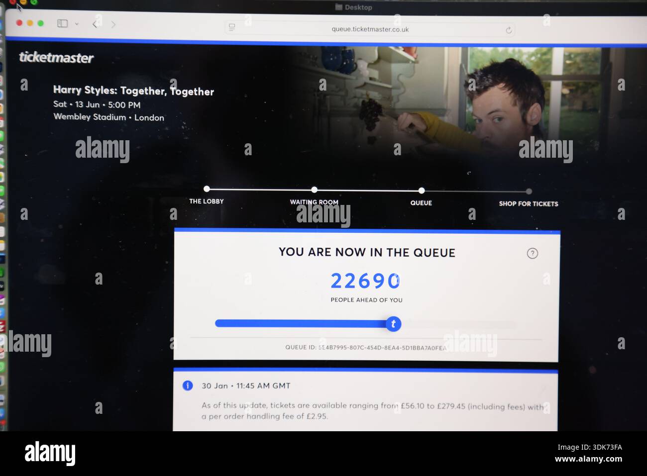 Screen showing what position a person is as they are in a Ticketmaster ...