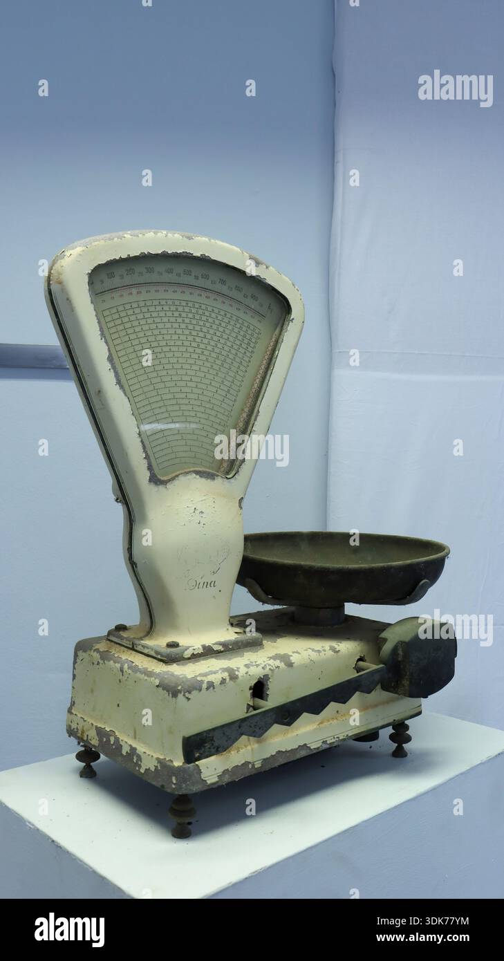 Old Dina brand scales. Previously, most shops sold their products in bulk. Stock Photo