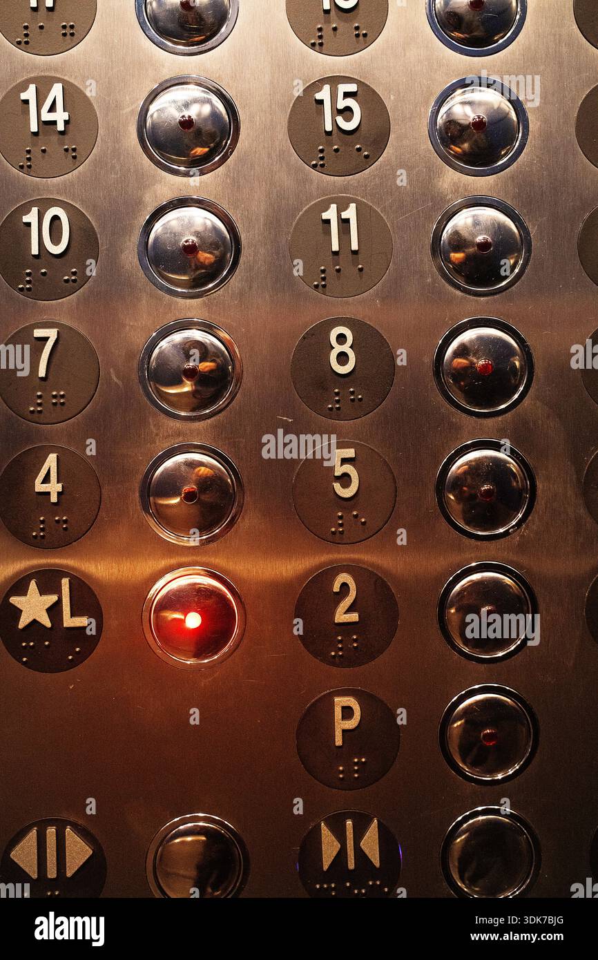 metal buttons in an elevator Stock Photo