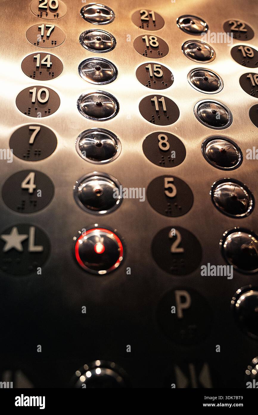 metal buttons in an elevator Stock Photo