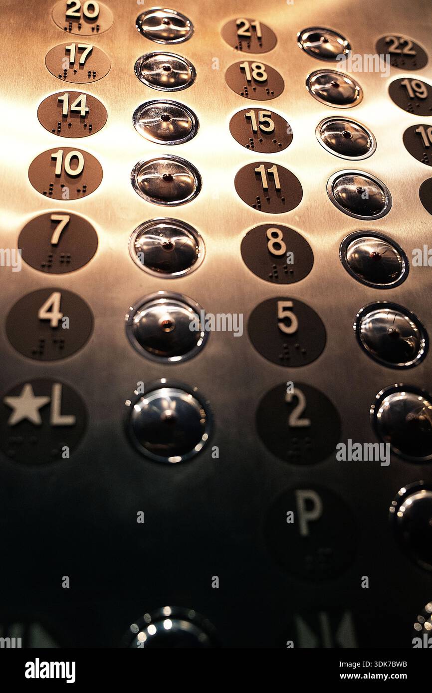 metal buttons in an elevator Stock Photo
