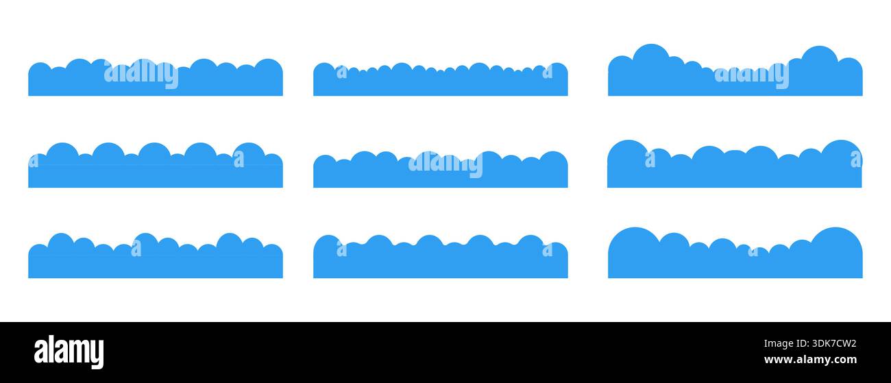Simple clouds divider web site separator set. Fluffy curve edge header section. Blue border for banner, frame bottom, template. Vector illustration Stock Vector