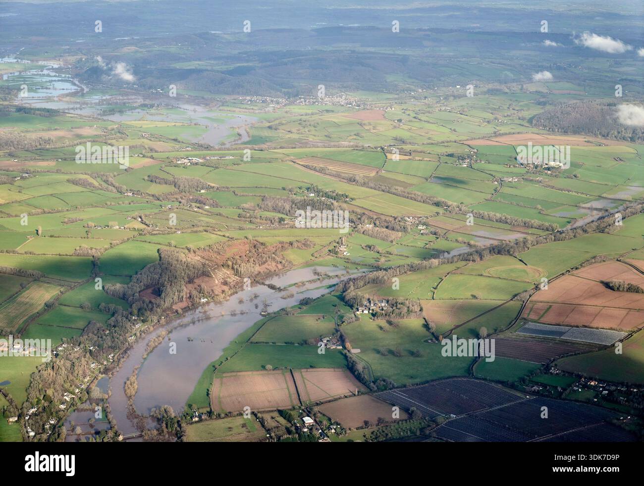 Welsh Rivers From Aerial An Aerial view of January 2026 Flooding on the River Wye, south of ...