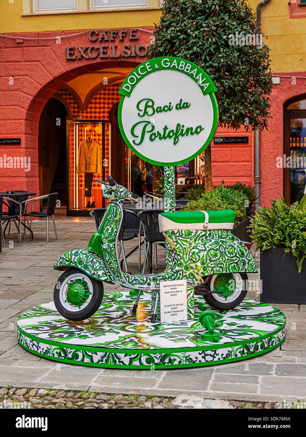 a stylized Vespa welcomes tourists to Portofino Stock Photo