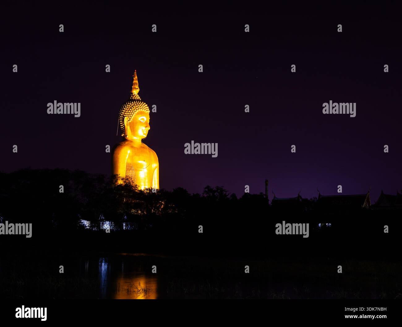 Great Buddha of Thailand statue illuminated at night. Golden sculpture ...