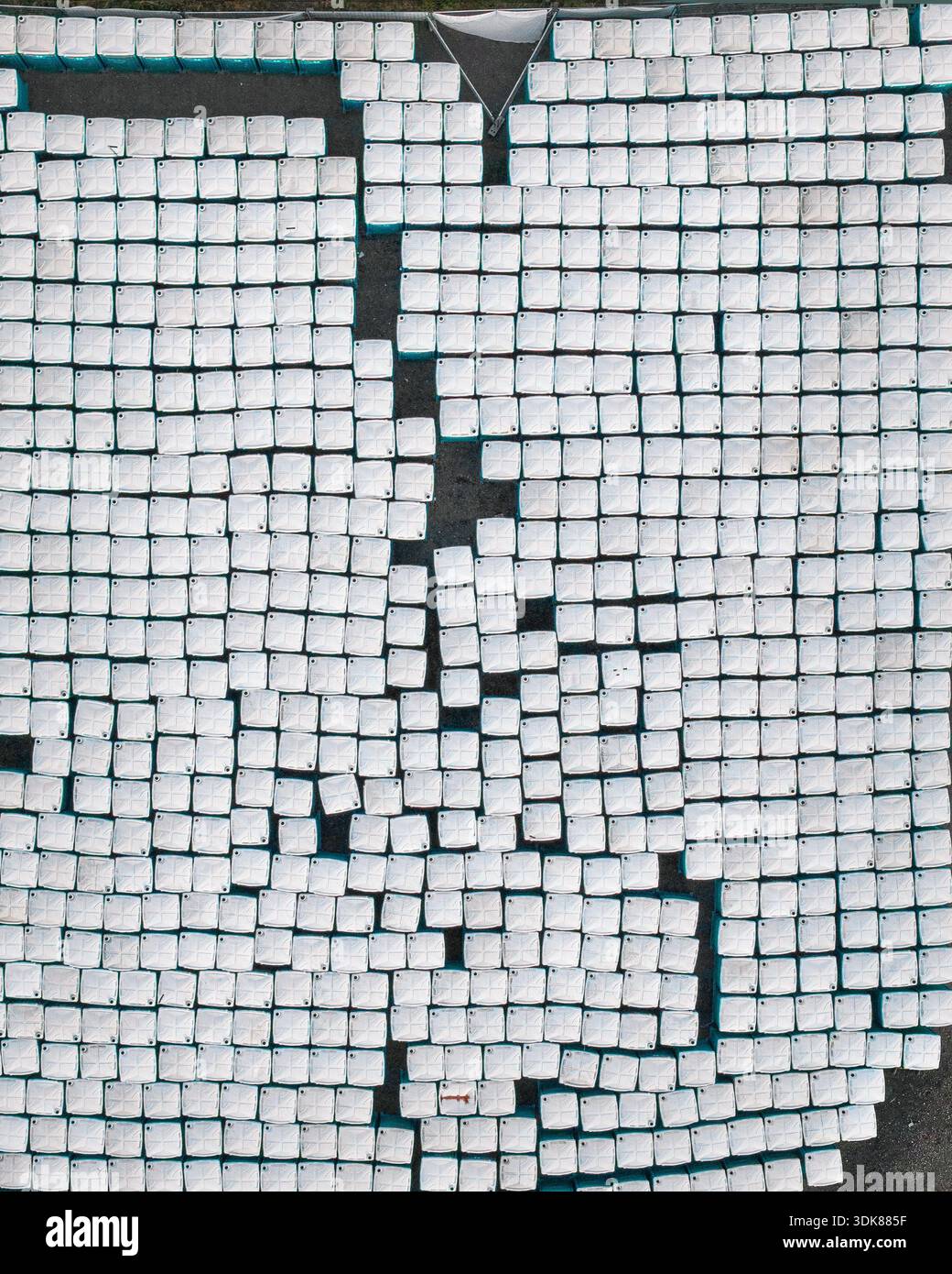 Aerial view of a geometric pattern of white cubes against a dark backdrop creates an abstract, minimalist scene, Müllenbach, Rhineland-Palatinate, Ger Stock Photo