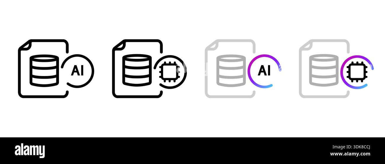 AI database icon set with artificial intelligence big data storage information management server technology in outline Stock Vector
