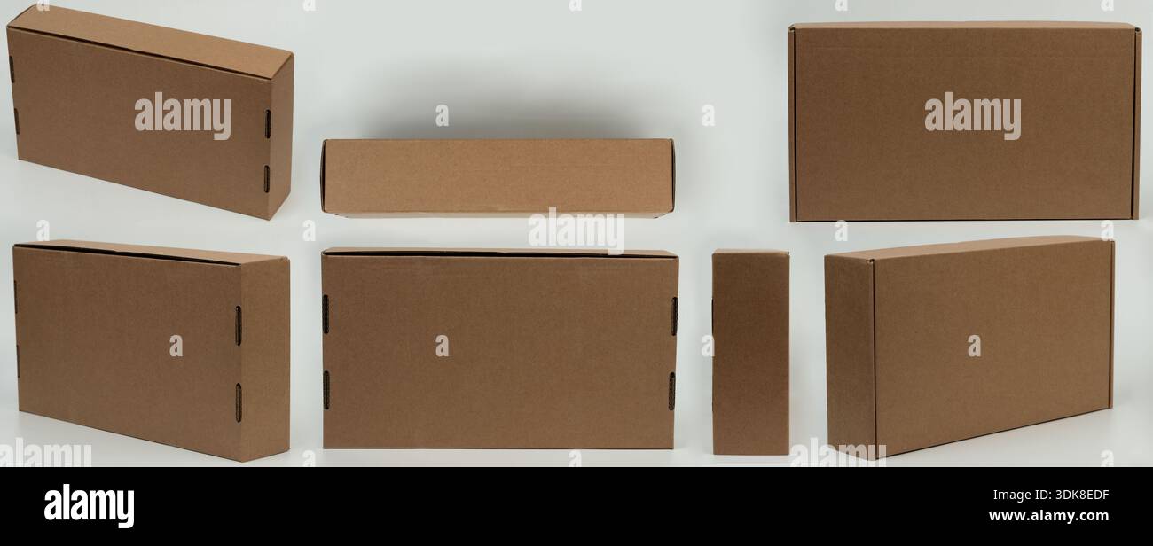 Recycled paper brown box isolated different views side top front on studio background Stock Photo
