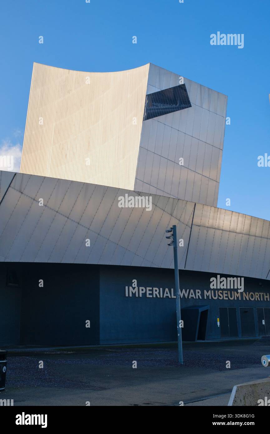 The Imperial War Museum North with clear blue sky at Salford Quays in Manchester Stock Photo
