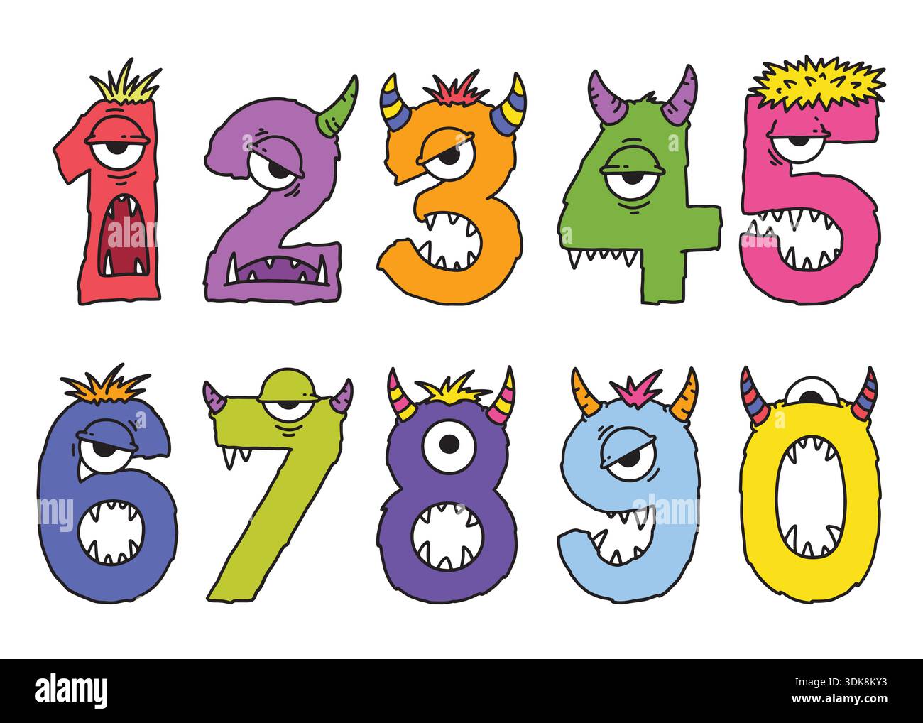 monsters, cute, collection, numbers, set, doodle, comic, flat, isolated ...